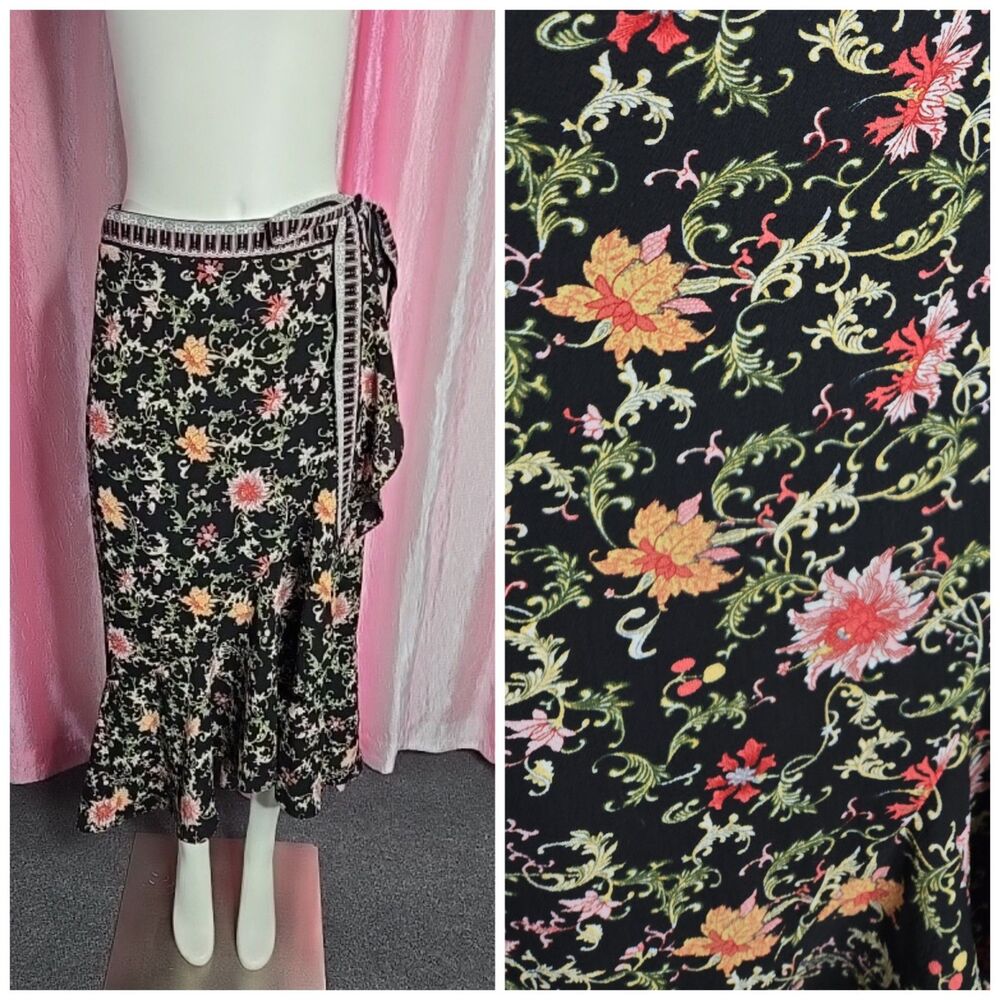 Max Studio Black Floral Wrap Ruffle Maxi Skirt Size XS